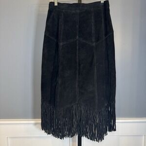 Vtg Pioneer Wear Maxi Skirt Black Suede Cowgirl Fringe Size: 12 Western USA Made